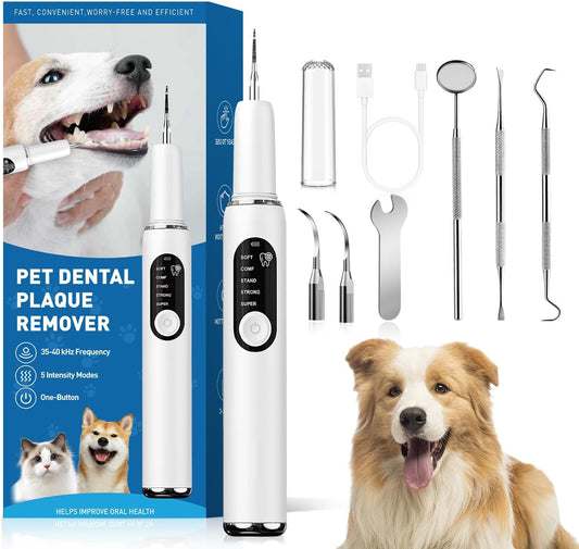 Dog Teeth Cleaning Kit Dog Plaque and Tartar Remover with LED Light 5 Adjustable Modes Electric Toothbrush Pet Teeth Cleaner for Dogs and Cats (White) (White)