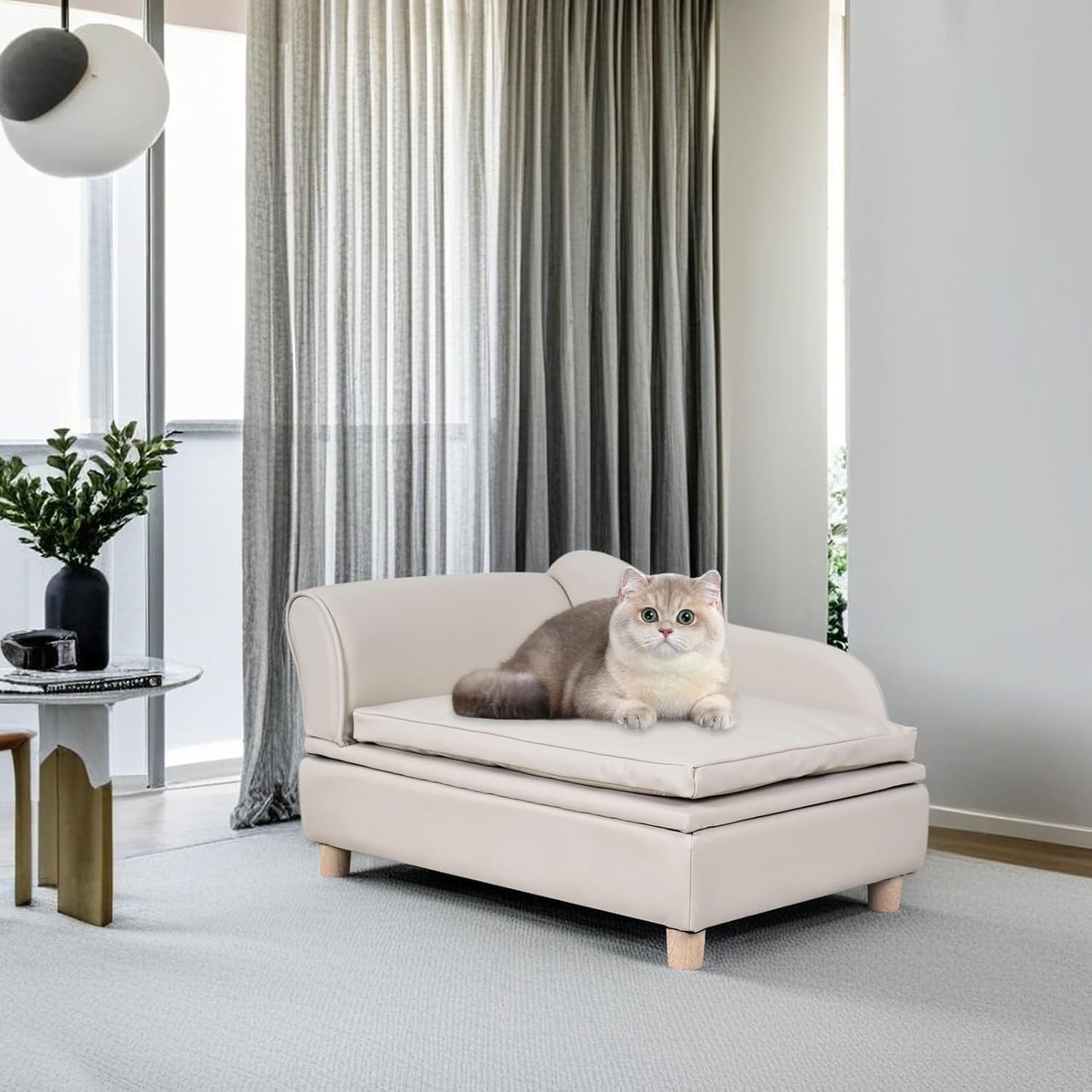 PU Leather Dog Sofa and Chair with Storage - Wooden Frame Cat Sofa Couch with Cushion,Small Pet Bed Sofa for Puppy and Cats (Pearl White)