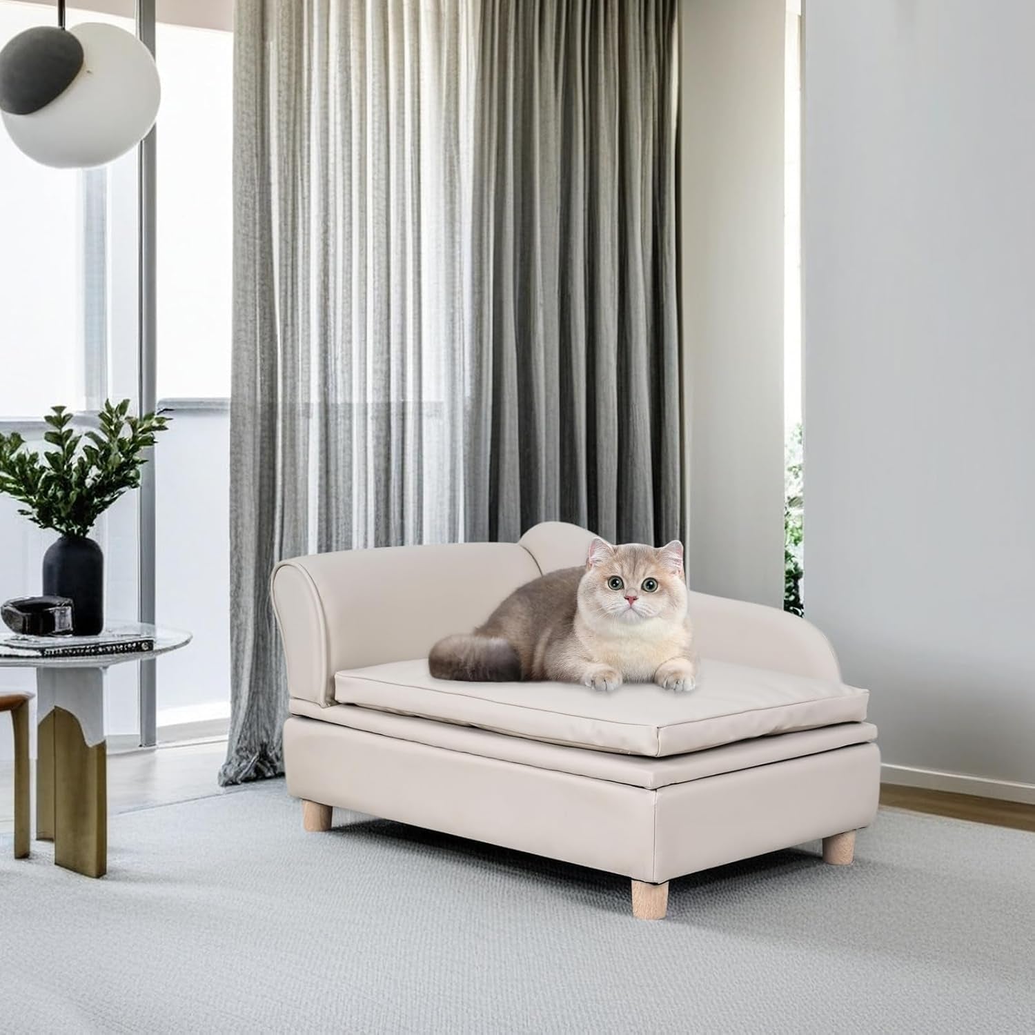 PU Leather Dog Sofa and Chair with Storage - Wooden Frame Cat Sofa Couch with Cushion,Small Pet Bed Sofa for Puppy and Cats (Pearl White)