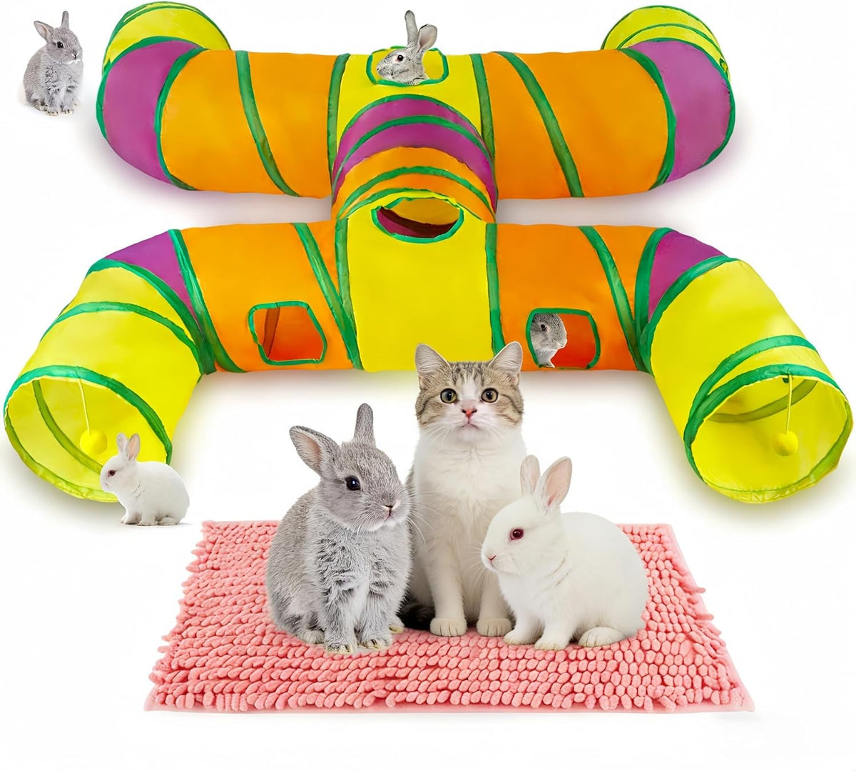H-4-Way Collapsible Cat Bunny Tunnel, with Cushion, Indoor Entertainment, Washable Tear-Resistant Pet Hideout Tube with Interactive Playing Balls, for Kittens, Rabbits, Puppies