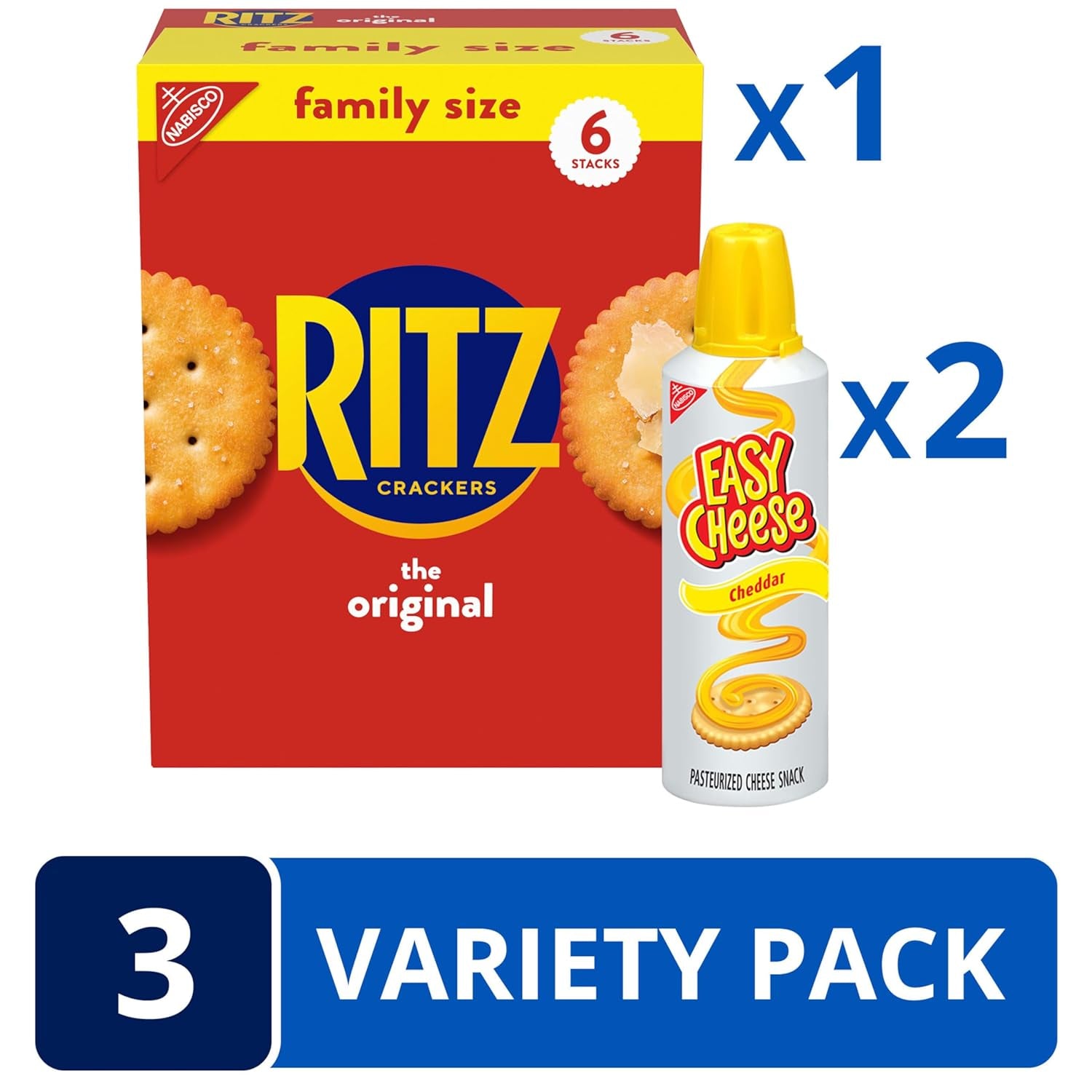 RITZ Original Crackers and Easy Cheese Cheddar Snack Variety Pack, 1 Family Size Box & 2 Cans