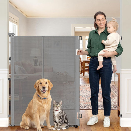 Reinforced 52" Extra Tall Pet Gate for Doorway, Jump-Resistant & Prevent Crawling underneath Retractable Dog Gates Indoor, 0-55" W Retractable Baby Gate for Doorway, Safety Extra Tall Cat Gate, Gray