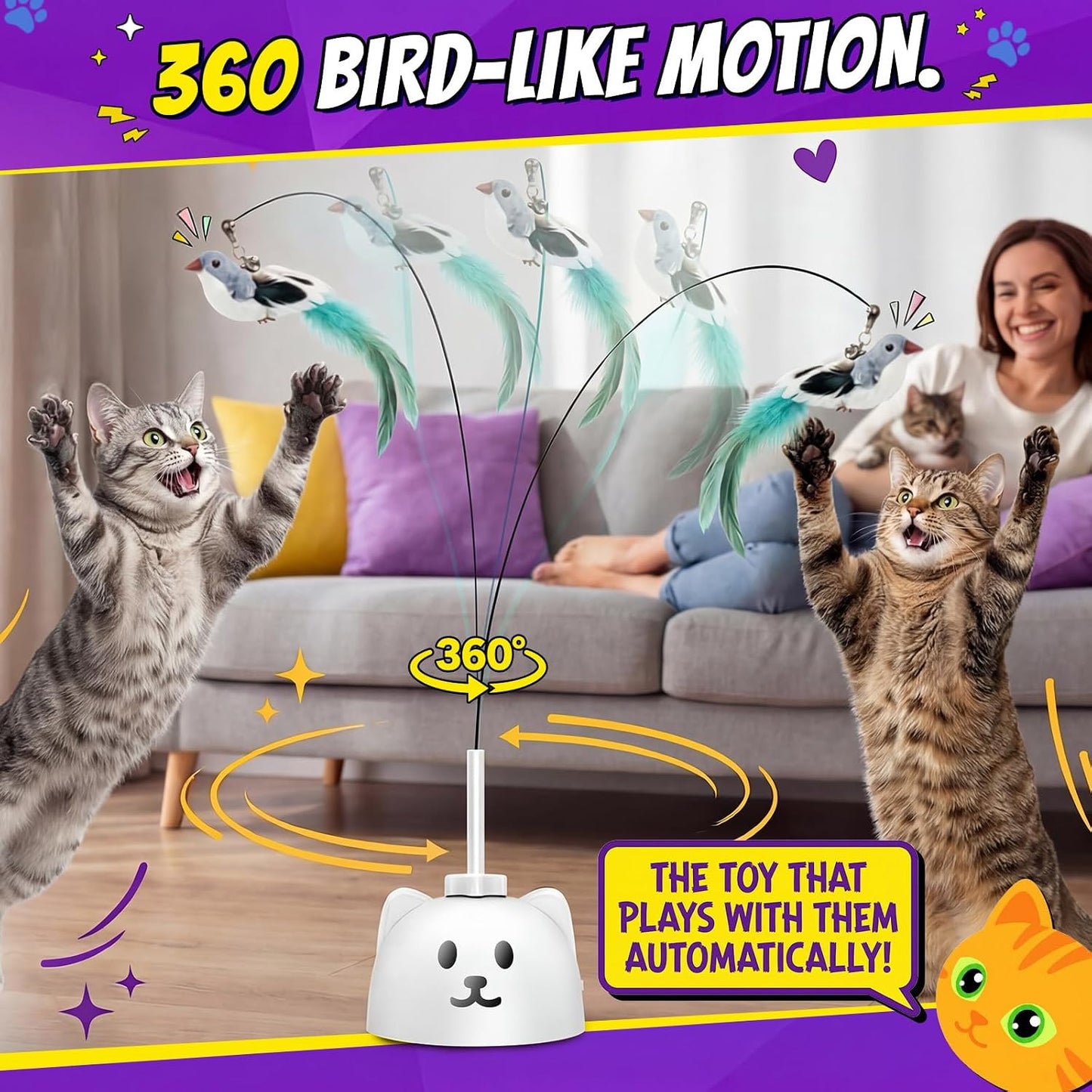 Interactive Cat Toys for Indoor Cats, Automatic Flying Bird Cat Toy with 360° Feather Wand, Strong 8Cm Suction Cup, USB Rechargeable Self-Play Cat Toy for Bored Kittens & Adult Cats