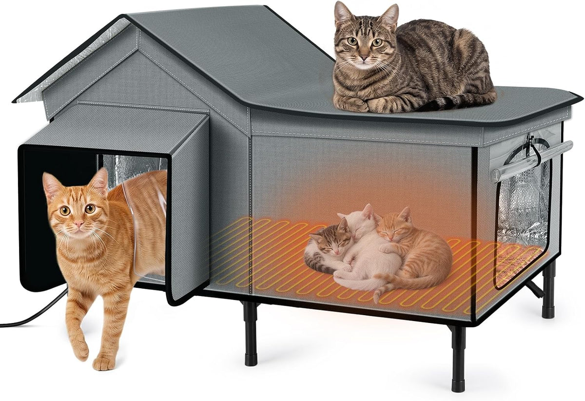Heated Cat House for Outside, Large Insulated Elevated Weatherproof Feral Cat Shelter with Heated Pad, All-Round Insulation, Safe Escape Door, Outdoor Cat Shelter for Winter, Grey
