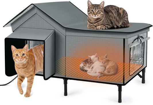 Heated Cat House for Outside, Large Insulated Elevated Weatherproof Feral Cat Shelter with Heated Pad, All-Round Insulation, Safe Escape Door, Outdoor Cat Shelter for Winter, Grey