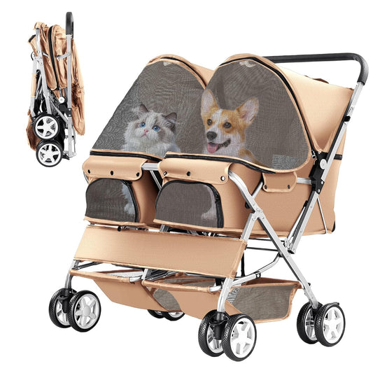 Double Pet Stroller for 2 Dogs & Cats, Side-By-Side, Beige
