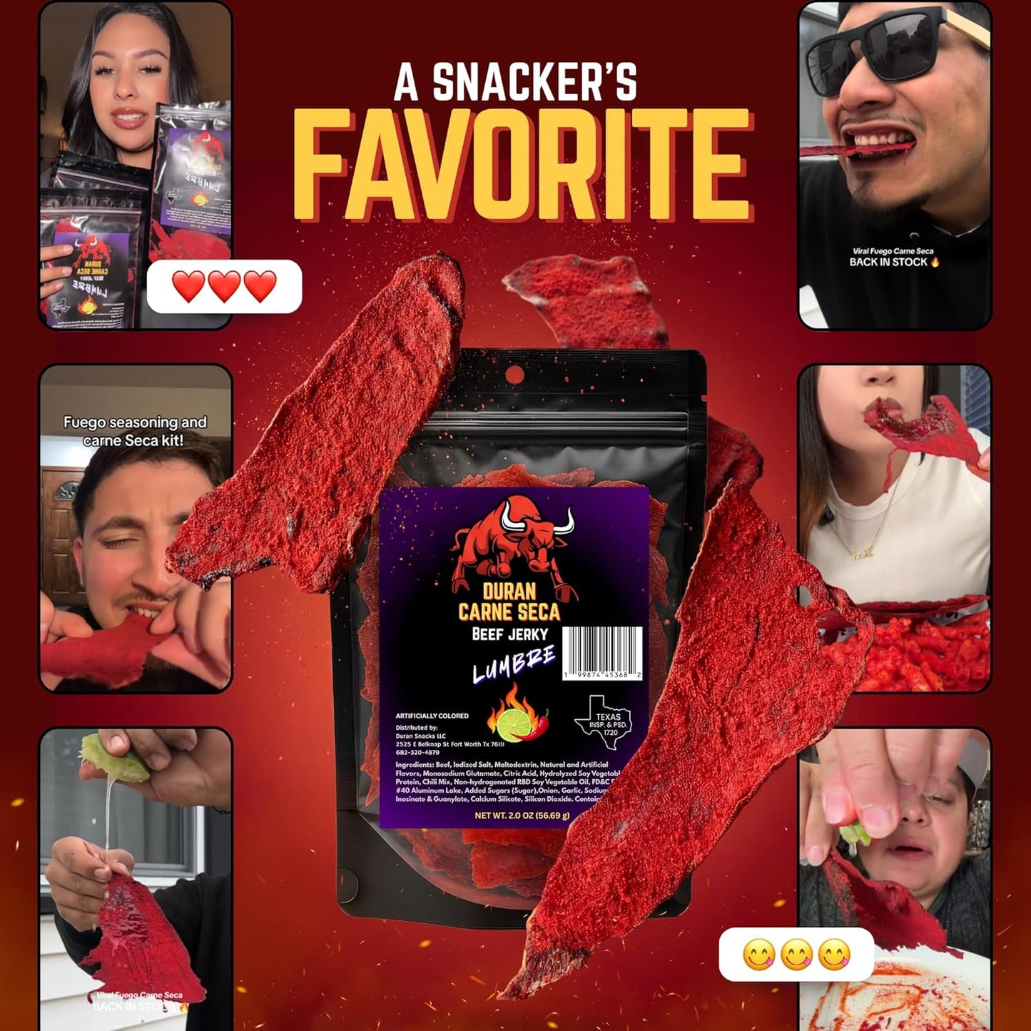 Tizon Lumbre Carne Seca - Spicy Fuego Beef Jerky Snack, Premium Mexican-Style Dried Beef, 2Oz Resealable Pouch, No Added Hormones, USA Made