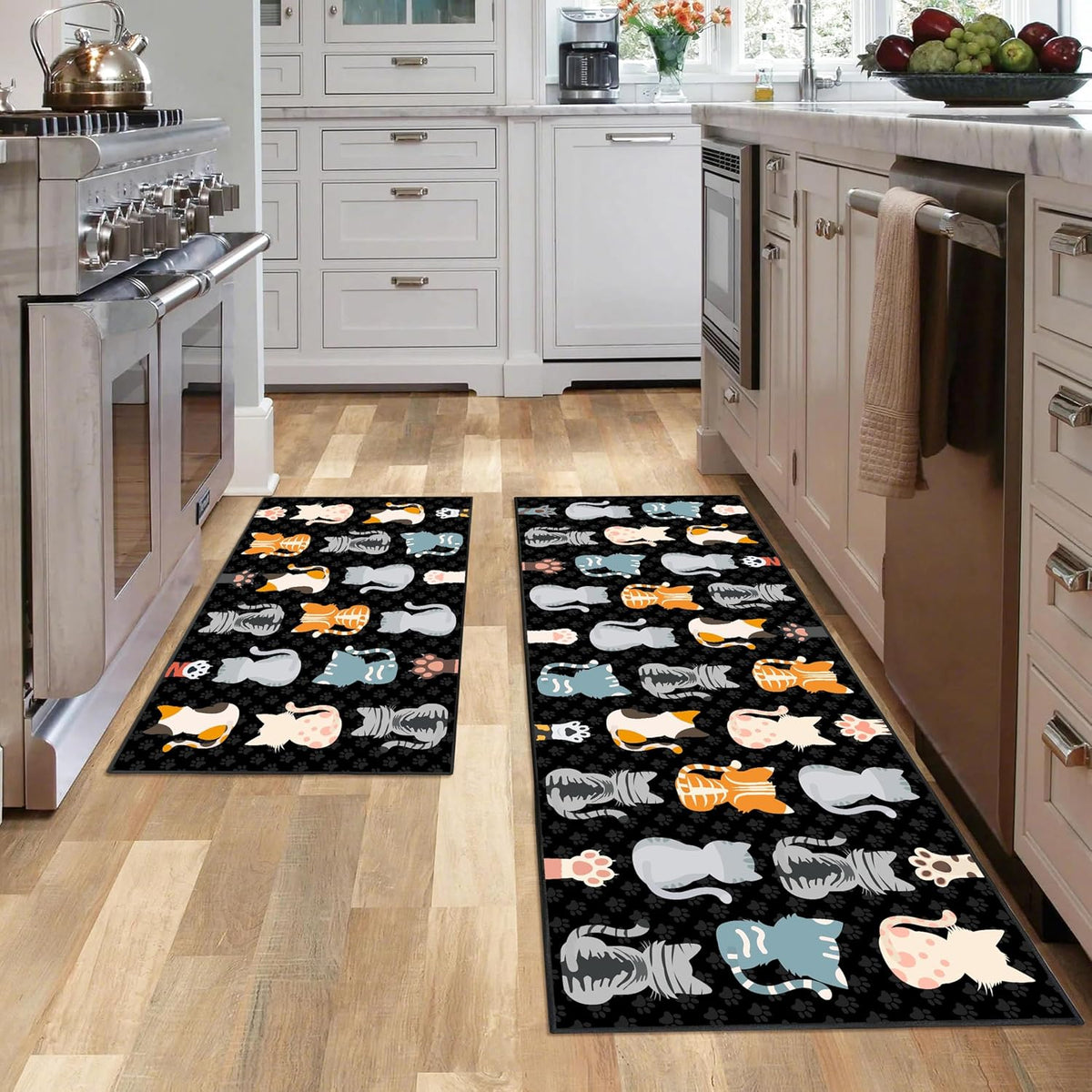 JWXCBIM Cat Kitchen Rug 2 Piece Set, Country Farmhouse Style Decor Kitchen Floor Mat, Non-Slip Absorbent and Washable Runner Rug, Funny Cat Black Kitchen Decorations 17X30+17X47 Inches