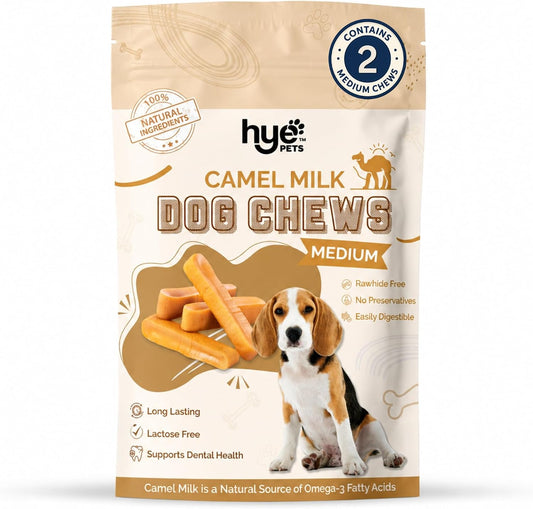 HYE Pets Camel Milk Dog Chews, Himalayan Style Yak Chew Alternative, Long Lasting Rawhide Free Dental Chew for Aggressive Chewers, 65% Protein, Omega 3, Odor Free, Medium 2 Count