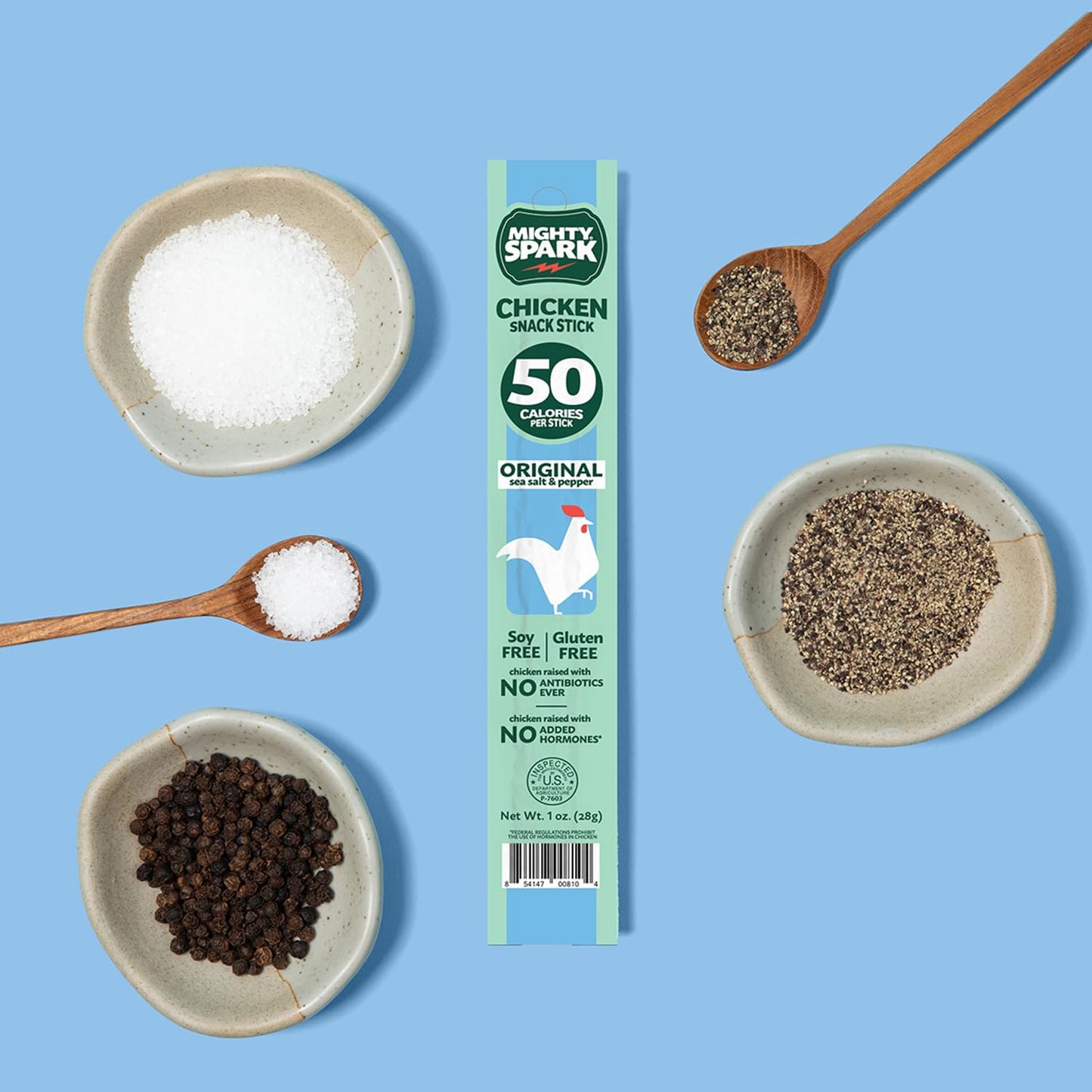Mighty Spark Chicken Snack Sticks - Original Sea Salt & Pepper- 6G of Protein, No Antibiotics Ever, No Hormones Added, Gluten Free, Soy Free Meat Sticks - High Protein Keto Snacks - 12 Count