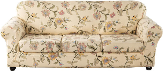 Lamberia Printed Sofa Cover for 3 Cushion Couch High Stretch Sofa Slipcovers 4 Piece Sofa Slipcover with Three Separate Cushion Covers Elastic Bottom Floral Pattern (Blooming Flower, Sofa)