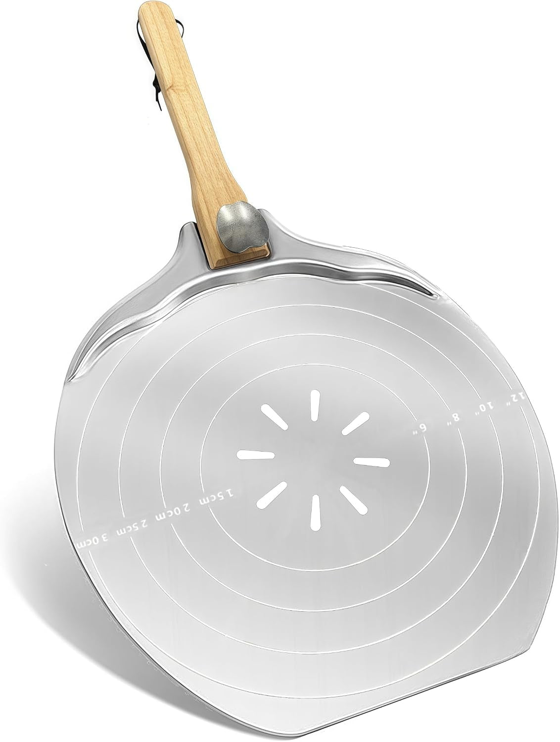 Aluminum Pizza Peel 12 Inch with Engraved Size Guide with Foldable Wooden Handle, Perforated Pizza Paddle Spatula