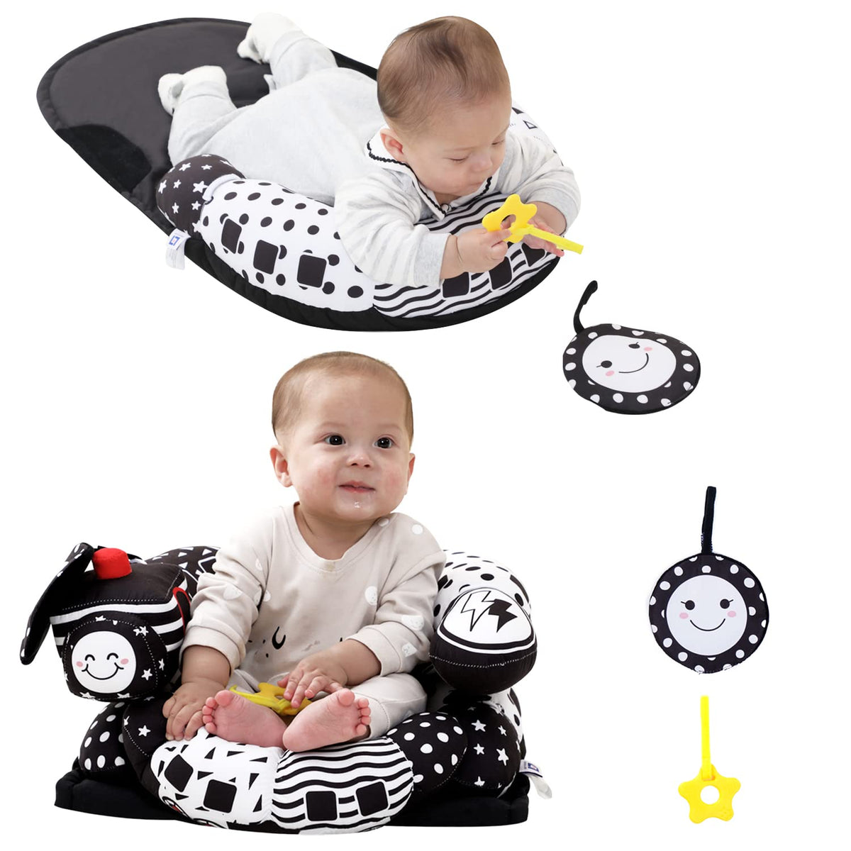 Lovvie & Joy 2-In-1 Tummy Time Mat & Seated Support Pillow,Baby Tummy Time Pillow Support for Newborns and Older Babies,With Detachable Support Pillow and Toys