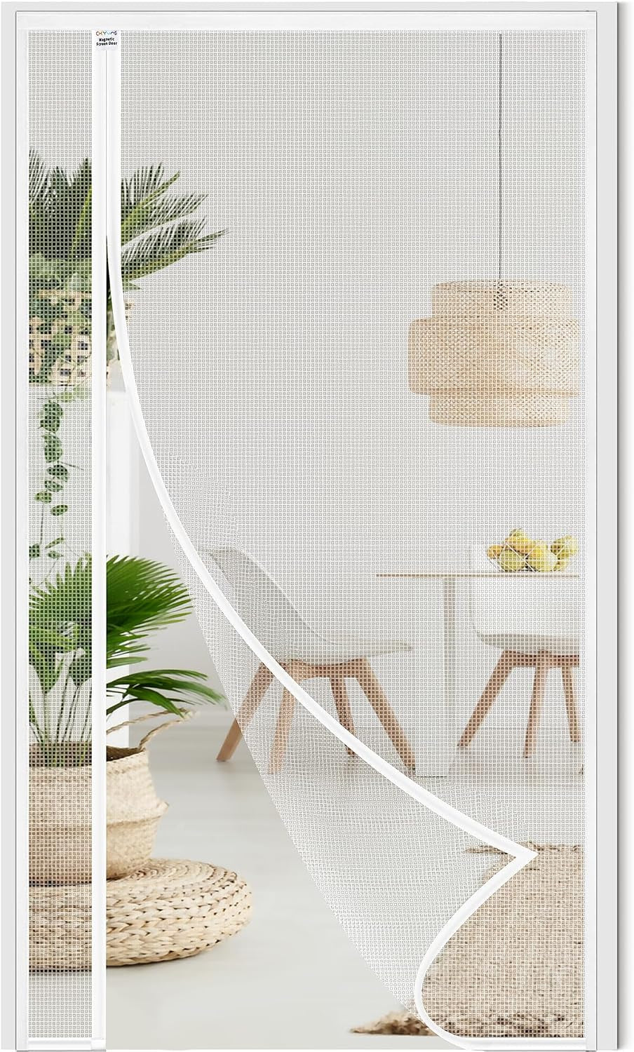 CHIYUNS White Reversible Left Right Side Opening Screen Door, Mesh Magnetic Closure Heavy Duty, Fits 36 X 80 Door, Self Closing Fiberglass Bug Net with Magnet for Front, Sliding Doors, Pet Friendly