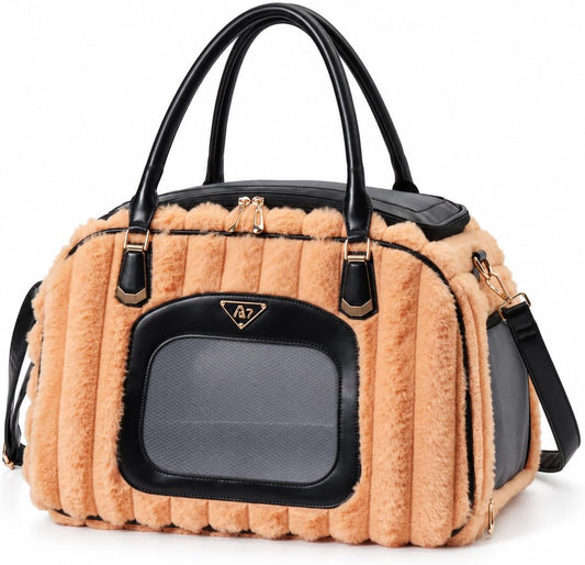 Soft-Sided Pet Carrier for Small Dogs and Cats, Plush Striped Travel Tote with Mesh Windows, Interior Tether, Removable Padded Mat, up to 11 Lbs, 17.32 X 8.27 X 11.42 In，Orange