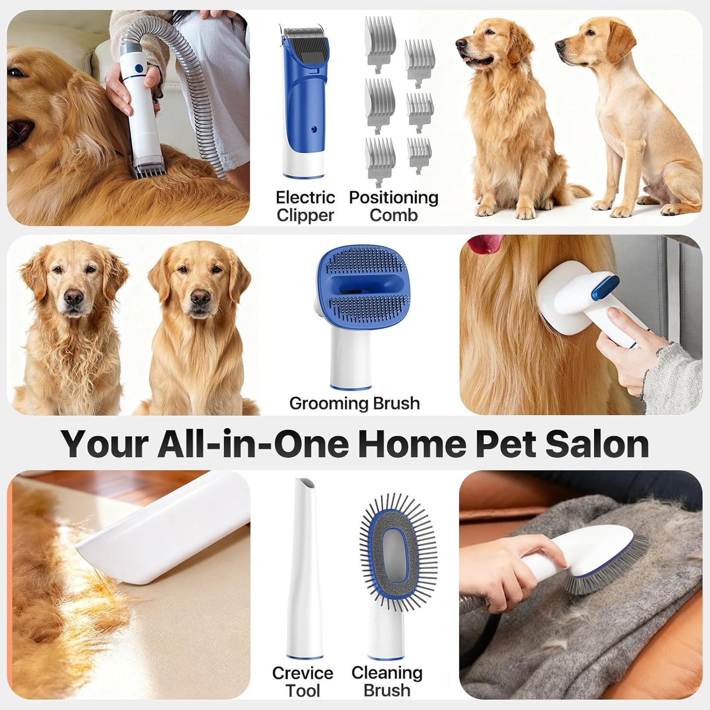 Buenkee Dog Grooming Kit with Vacuum, 15000Pa Pet Hair Clipper and Shedding Brush, 50Db Low Noise, 2L Capacity, White
