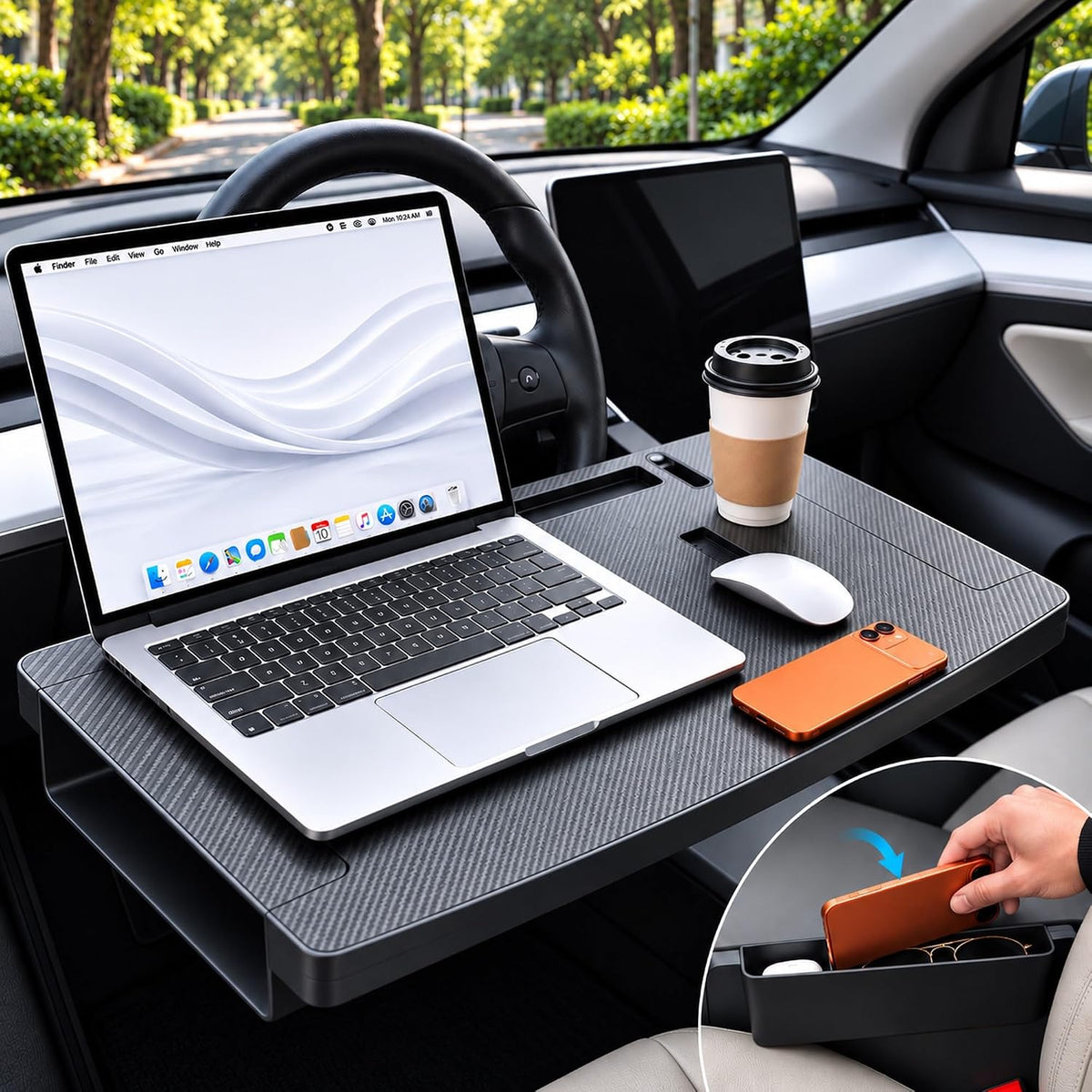 Steering Wheel Tray, Carbon Fiber 2-In-1 Car Tray & Seat Gap Filler, Car Desk, Car Laptop Desk, Car Desk for Laptop, Food Tray for Car, Steering Wheel Desk, Car Table, Universal Car Tray Organizer