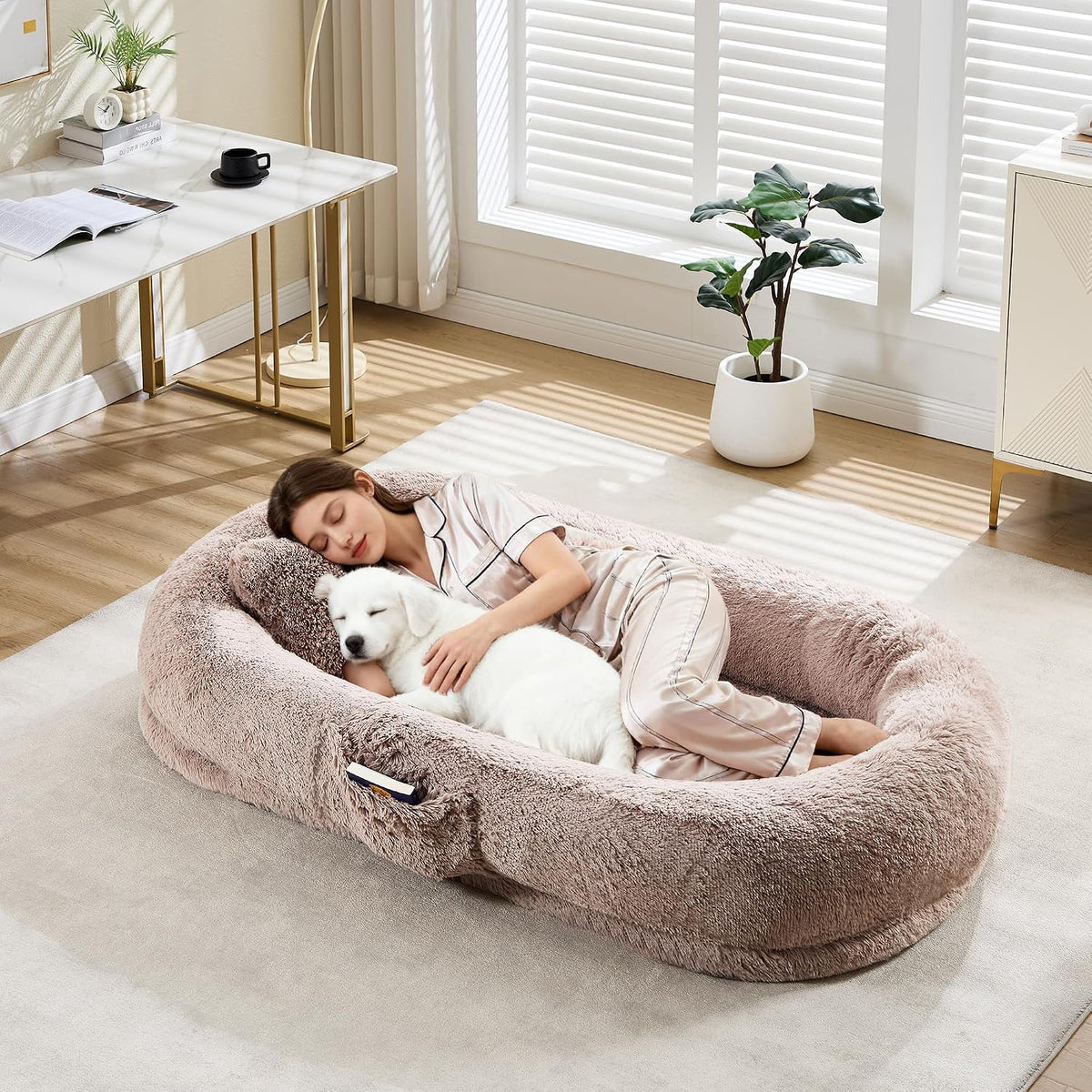 Garveehome Human Dog Bed for Adult and Pets, No Assembly Required, Washable Fluffy Faux Fur, Orthopedic Dog Bed with Plump Pillow, Side Pocket, Strap - 67 in X43 in X8 in - Light Brown