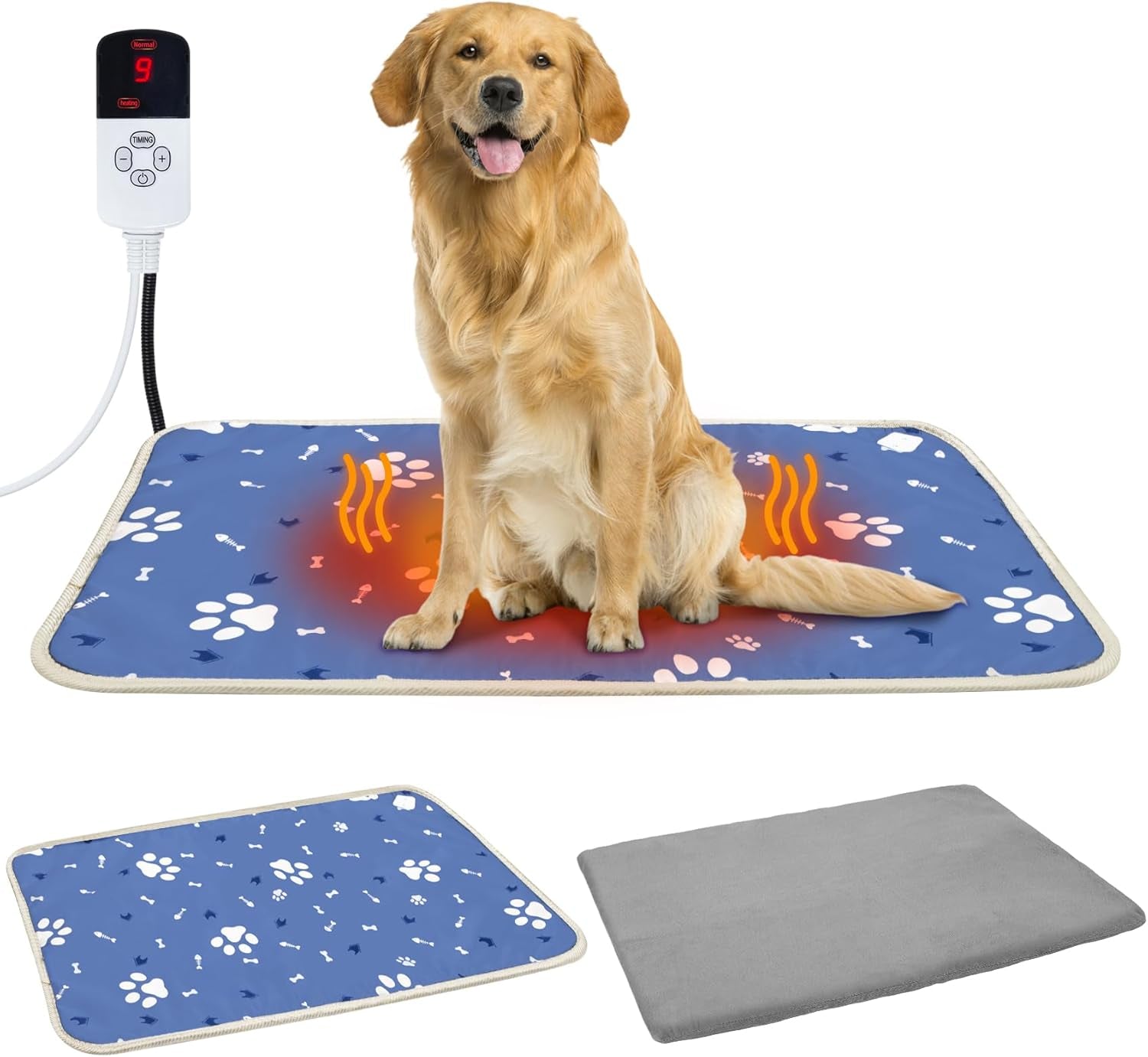 Dog Heating Pad 32"*18" for Outdoor Cat, Heated Dog Bed with Adjustable Temperature & Timer, Indoor Warming Waterproof Pet Heating Pad Mat with Chew Resistant Cord, Replacement Cover for Puppy Kitten