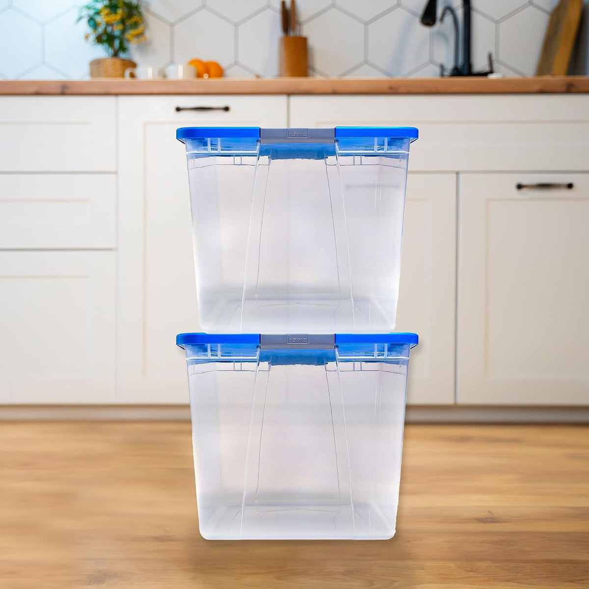 HOMZ Clear Plastic Storage Bin with Secure Latching Blue Lid, 64 Qt, 2 Pack