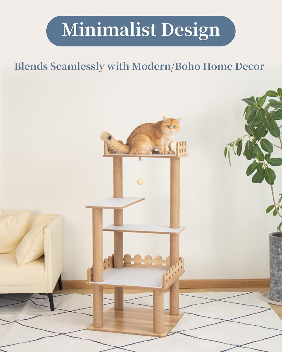 Wood Cat Tree for Indoor Cats, 49 Inch Cats Furniture Tower with Large Platforms, Full Sisal Scratching Posts, Water Proof Surface