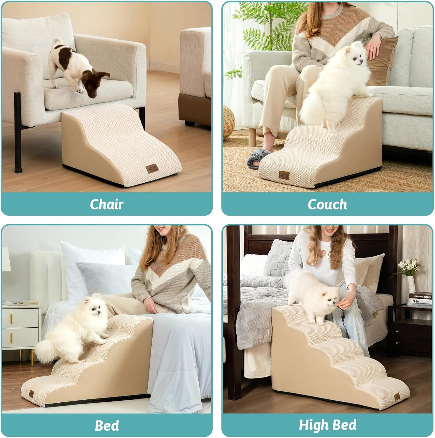 COZY KISS Dog Stairs for Small Dogs 15.7" H, Curved Dog Step for Puppy, Older Cat, Medium Pet Ramp for Sofa, Couch or Chair, Ladder with High Density Foam, 3 Step, 15.7X22.4X15.7 Inch, Beige