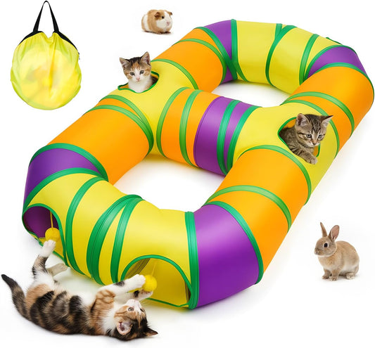 Cat Tunnel for Indoor Cats 8-Shaped, Collapsible Cat Playhouse Pet Play Tunnel Tube Maze with Hanging Pom-Poms and Interactive Hole for Kitten, Kitty, Puppy, Rabbits, Ferret, Guinea Pig