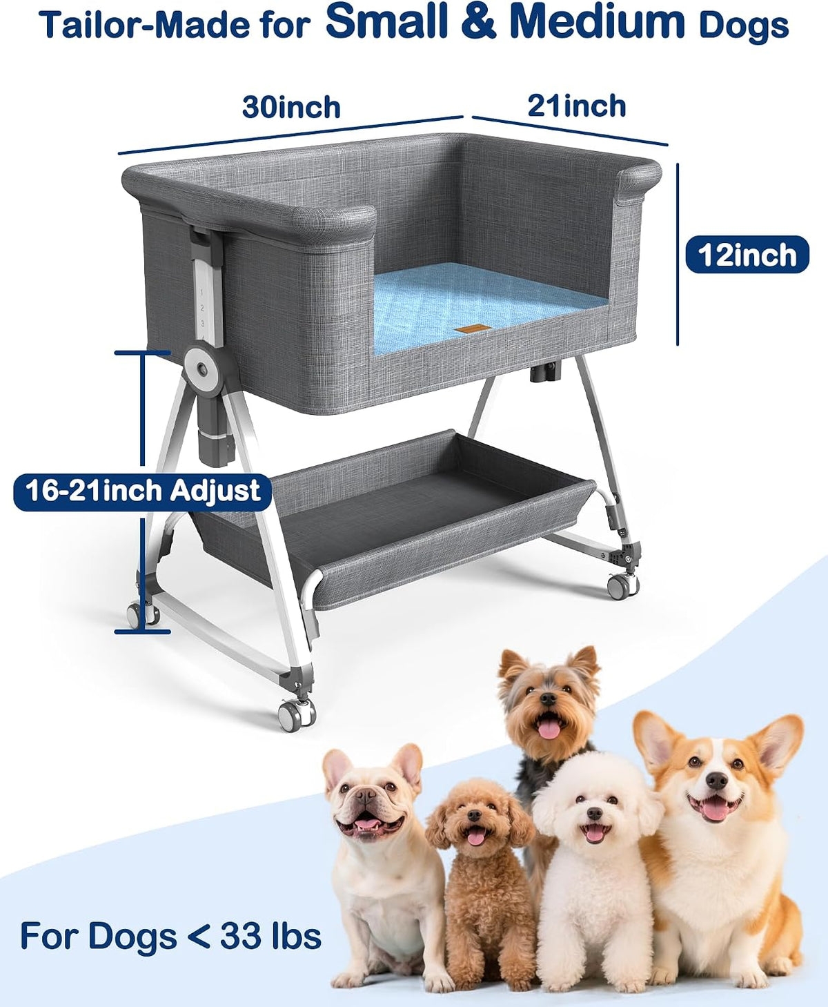 Bedside Dog Bed,6-Height Adjustable Pet Bassinet for Medium & Large Dogs