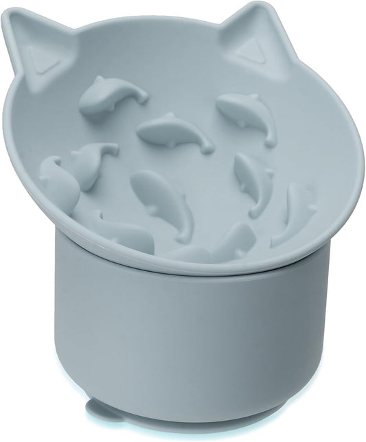 Silicone Cat Slow Feeder, Elevated Slow Feeder Bowl Tilt Design, Suitable for Dry and Wet Food, Adjustable Angle, Cat Food Puzzle with Suction Cup(Gray)
