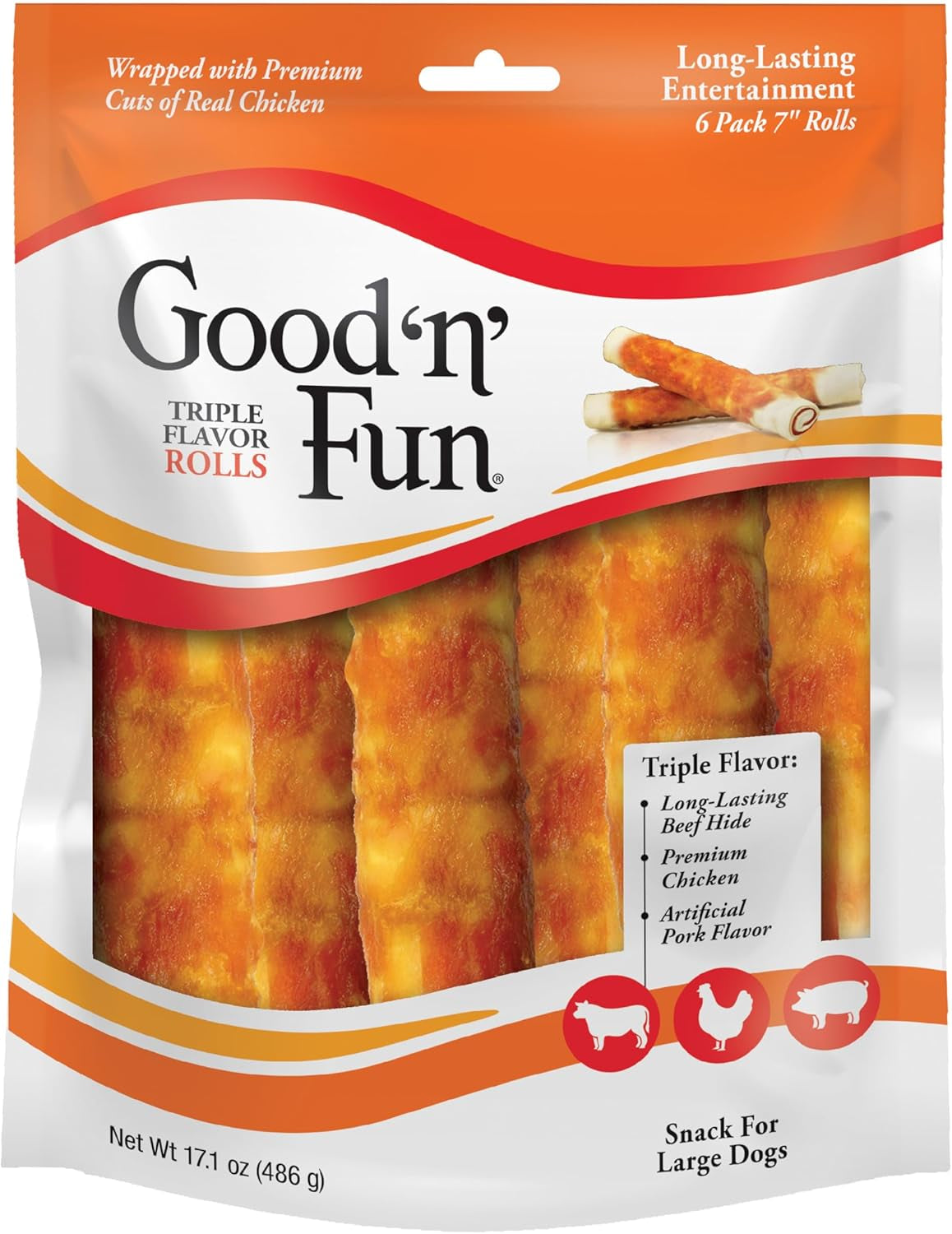 Good ‘N’ Fun Triple Flavor Rolls for Large Dogs, Treat Your Dog to Long-Lasting Chews Made with Real Beef Hide and Chicken, 6 Count