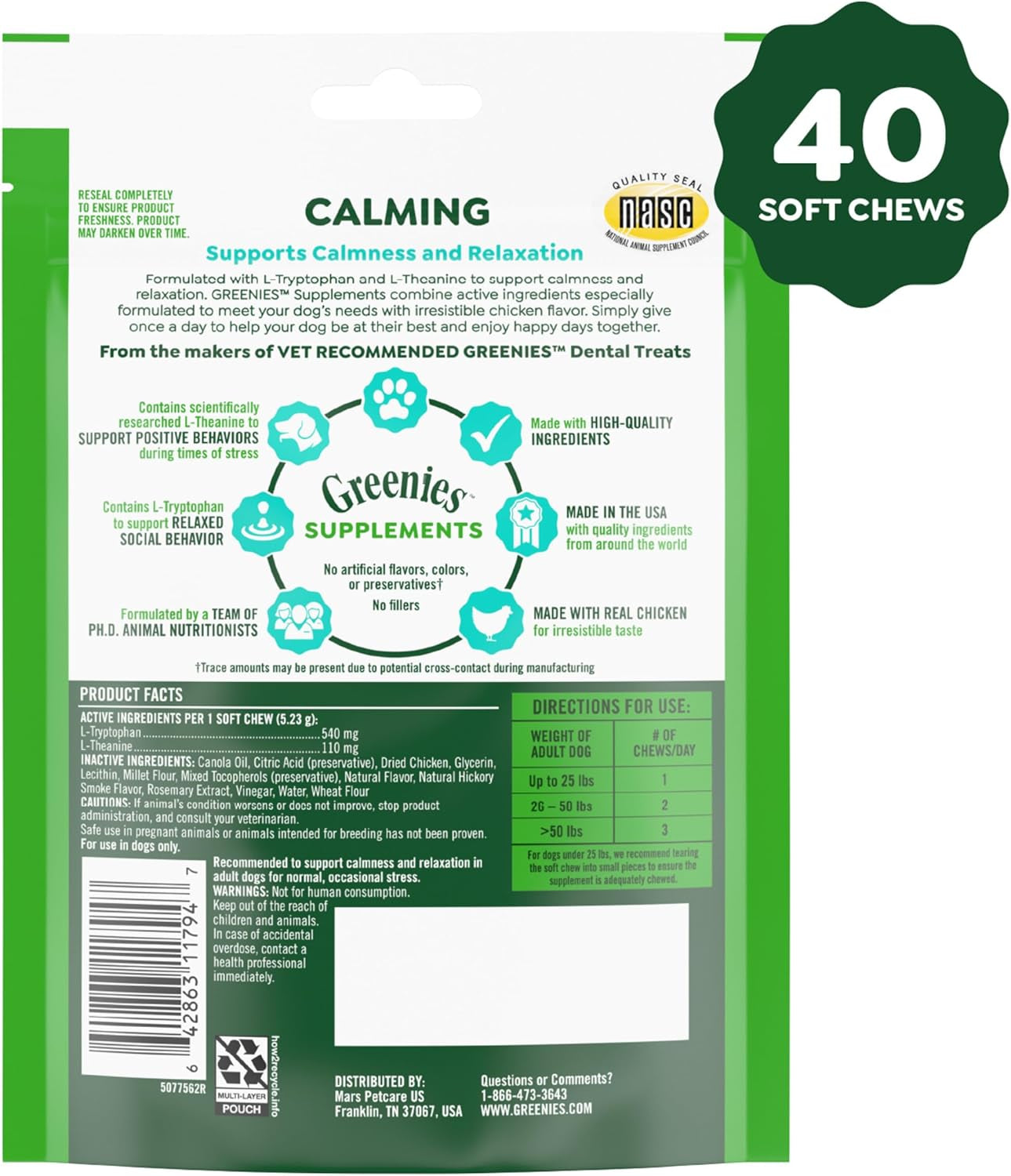 Greenies Supplements Calming Chews for Dogs Chicken Flavor, Dog Calming Chews, 7.3 Oz. Container of 40 Count