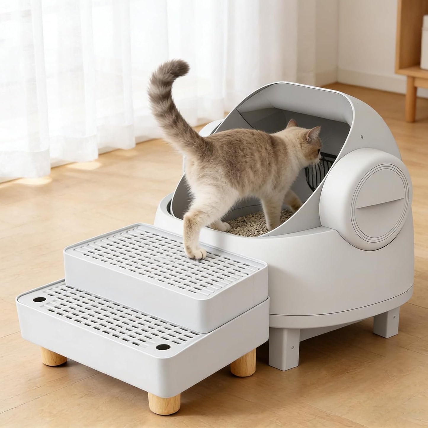 Adjustable Litter Box Step, Cat Litter Box Ramp/Catcher with Wooden Feet | 2 Steps,Fits Automatic Litter Box Steps, Filter Function, Anti-Tracking, Easy to Clean, for Small & Elderly Cats