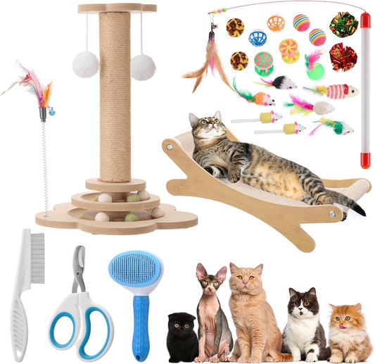 25 Pcs Kitten Starter Kit for Indoor Cats Include Cat Scratching Post, Sisal Scratcher Bed, Brushes, Nail Clipper, Balls for Indoor Kittens Supplies Accessories Welcome Gift
