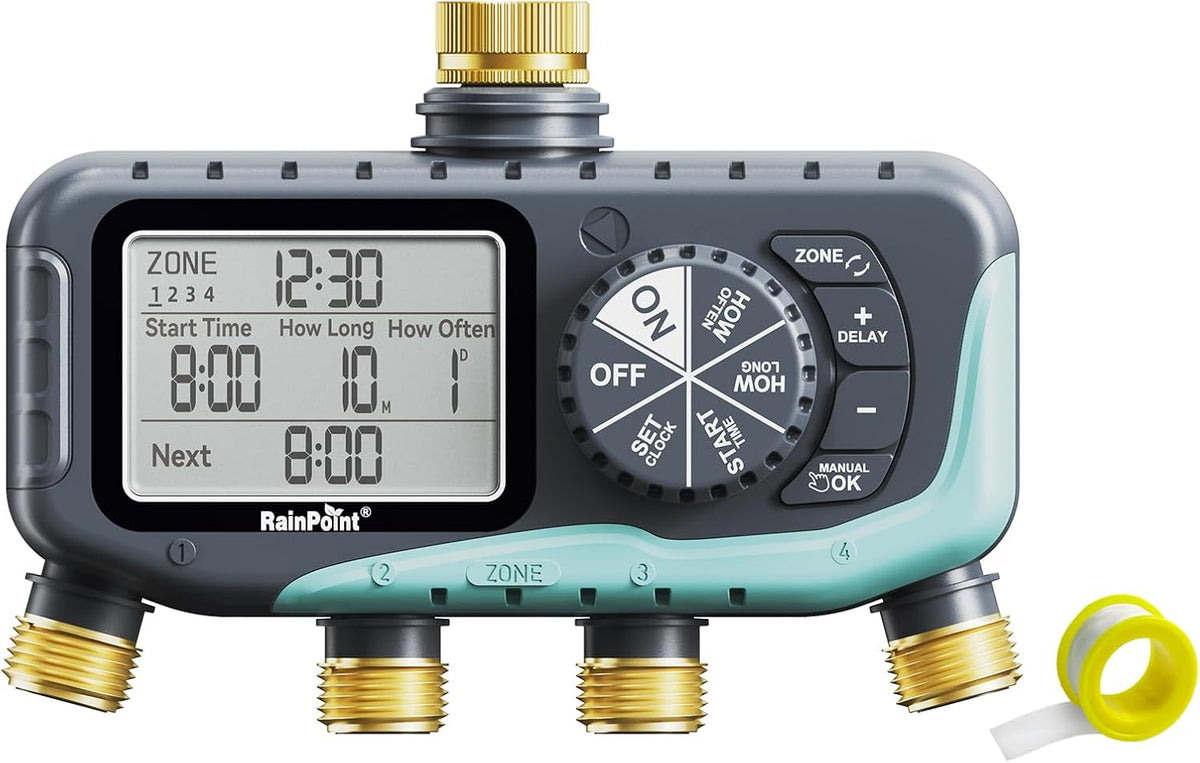 RAINPOINT Sprinkler Timer, 4 Outlets Hose Timer with Brass Inlet with Rain Delay/Manual/Automatic Controller System, Programmable Digital for Lawn Yard (Light Blue, 4 Outlets)