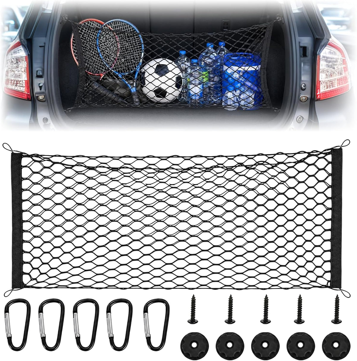 Stretchable Elastic Trunk Cargo Net with 4 Heavy-Duty Hooks, Adjustable Car Storage Net for Suvs, Trucks, and Hatchbacks, Secures Luggage, Groceries, and Tools from Shifting
