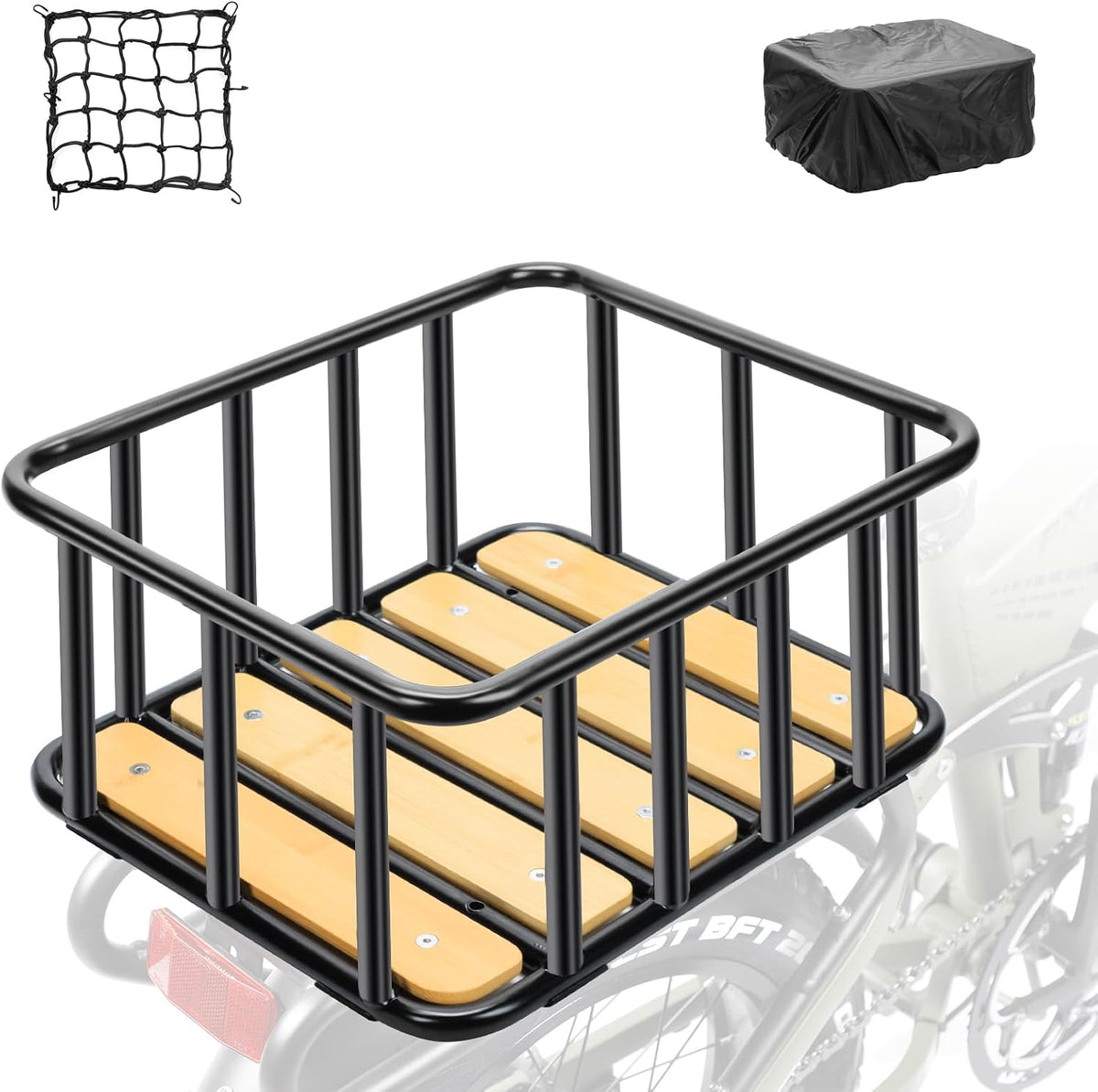PIREKZUNT Bike Rear Basket with Waterproof Cover, Cargo Net, Wooden Base, 13.8"X11.8"X6.7" Heavy Duty Metal Ebike Rear Basket