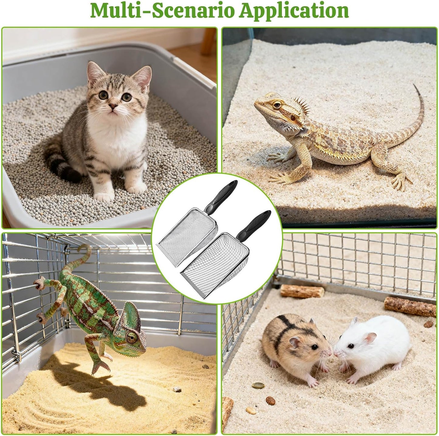 2Pcs Cat Litter Scoop Metal Stainless Steel Mesh Kitty Litter Scoop with Hook, Cat Scooper for Litter Box, Filter Small Pieces Quickly, Easy to Clean and Durable (3Mm/5Mm Mesh)