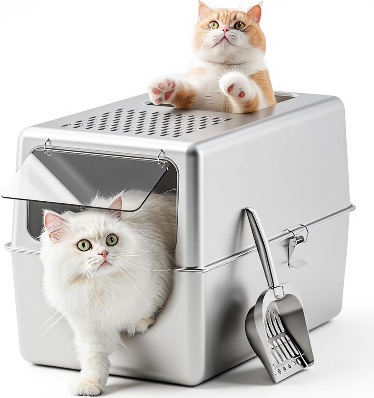 Enclosed Cat Litter Box Stainless Steel with Lid, XL