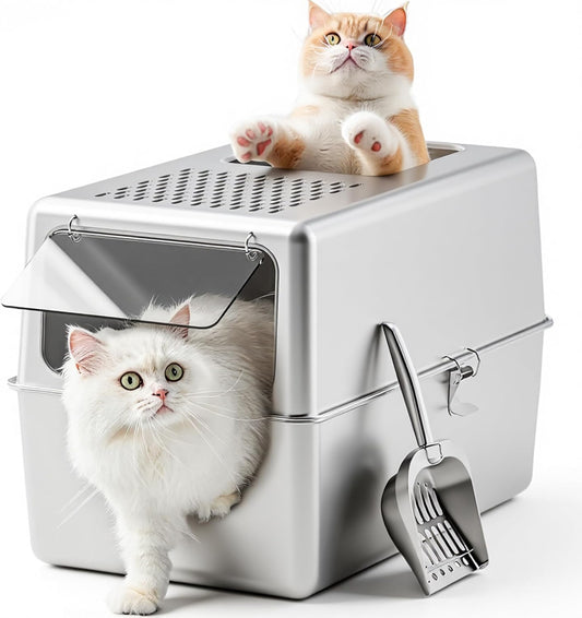 Enclosed Cat Litter Box Stainless Steel with Lid, XL