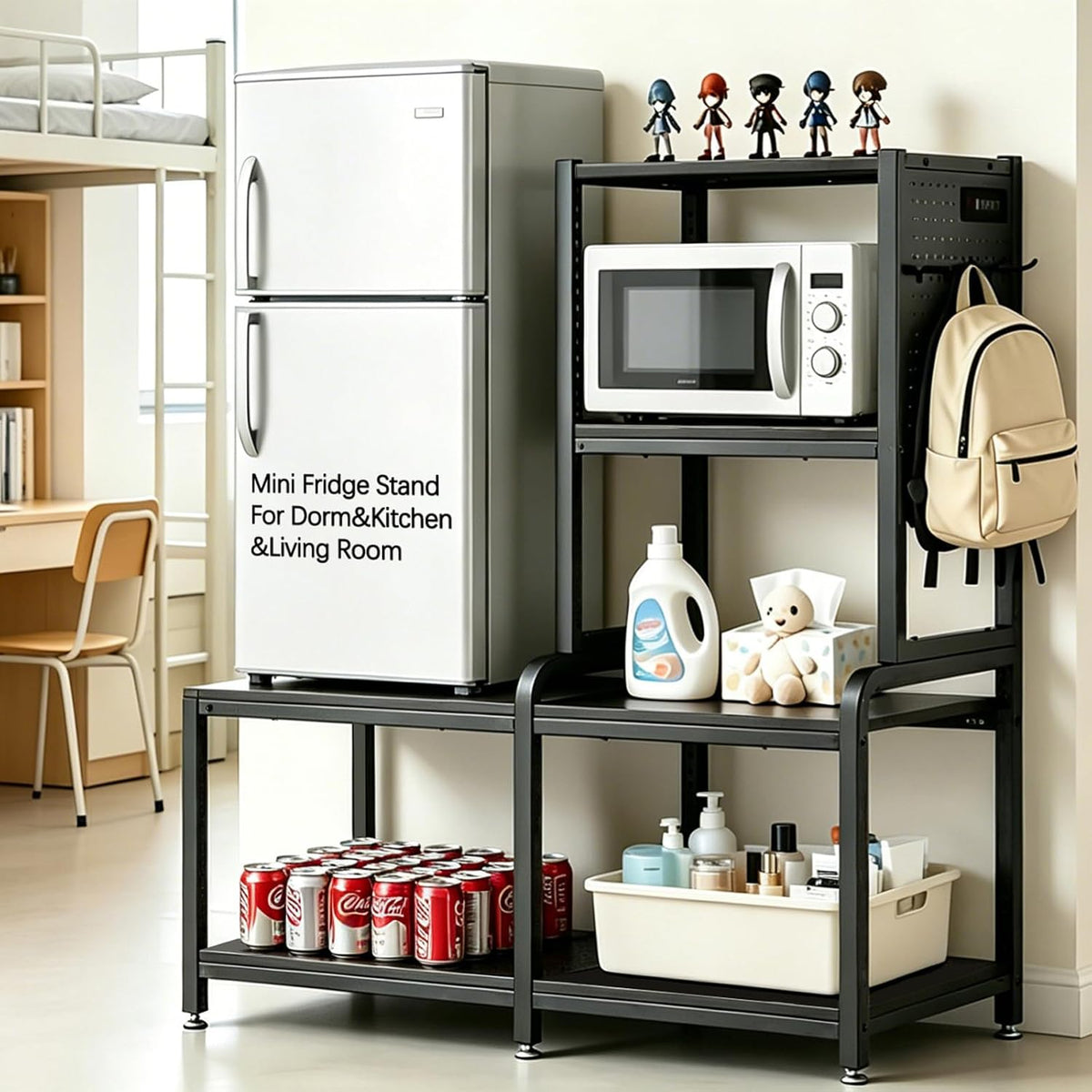 COCOLUCKY Mini Fridge Stand with Power Outlet & Pegboard,4-Tier Adjustable Heavy Duty Microwave Storage Shelf for Dorm,Apartment Kitchen,Office,Garage Tool Organizer(Black Wood Grain)