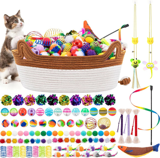 Leitee 19.2" X 6" 100 Pcs Cat Bed Storage Basket Gift Cat Variety Toys Set Cotton Rope Basket, Fish Mice Pet Bell Colorful Crinkle Balls Spring Toy for Kitten Swat Interactive (Retro,White,Khaki)