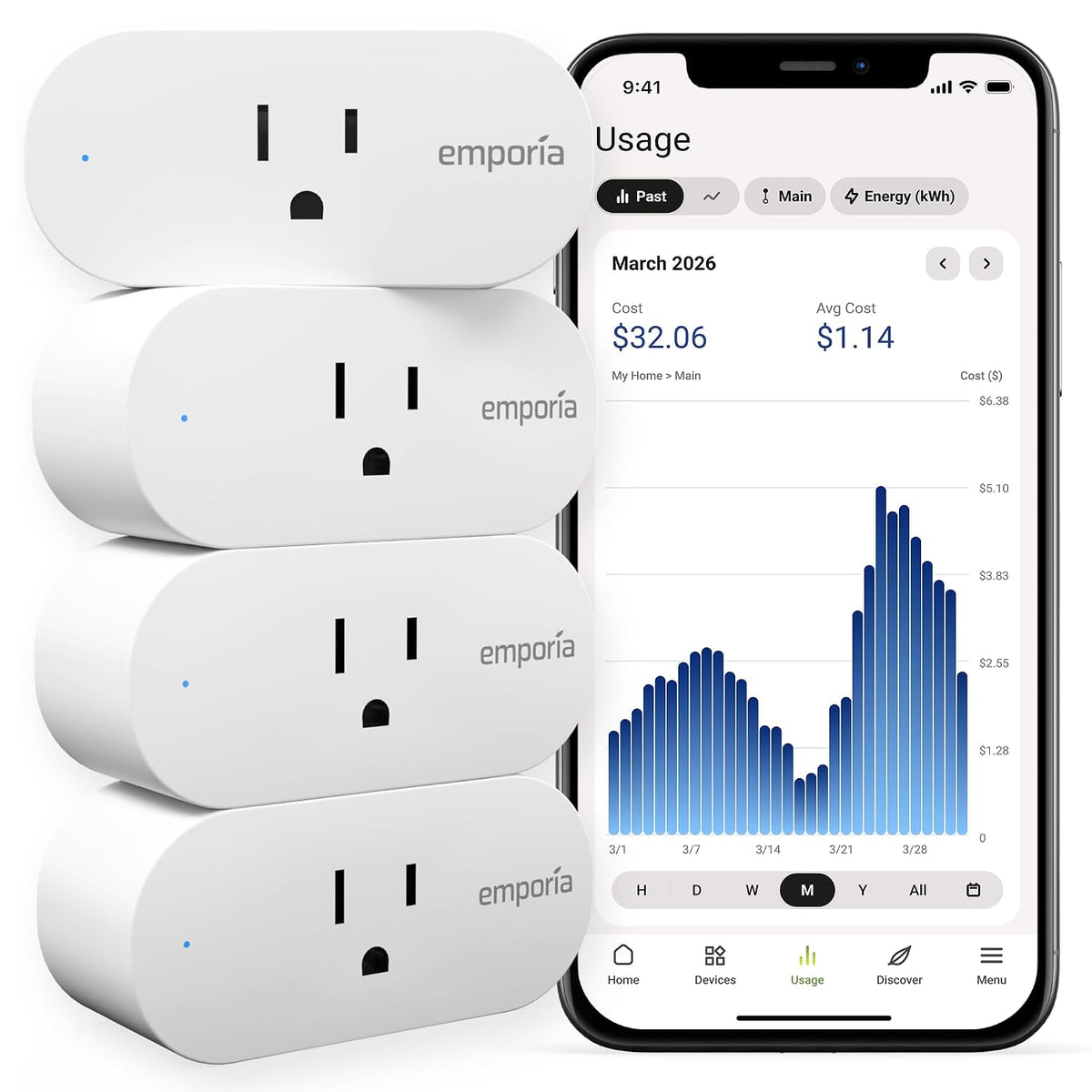 Emporia Energy Monitoring Smart Plug, Wifi Smart Outlet Plug Works with Alexa and Google Home - 15A Wifi Outlet with Timer, Mobile App, Home Energy Monitor, Scheduling - 2.4Ghz Wifi Only (4 Pack)