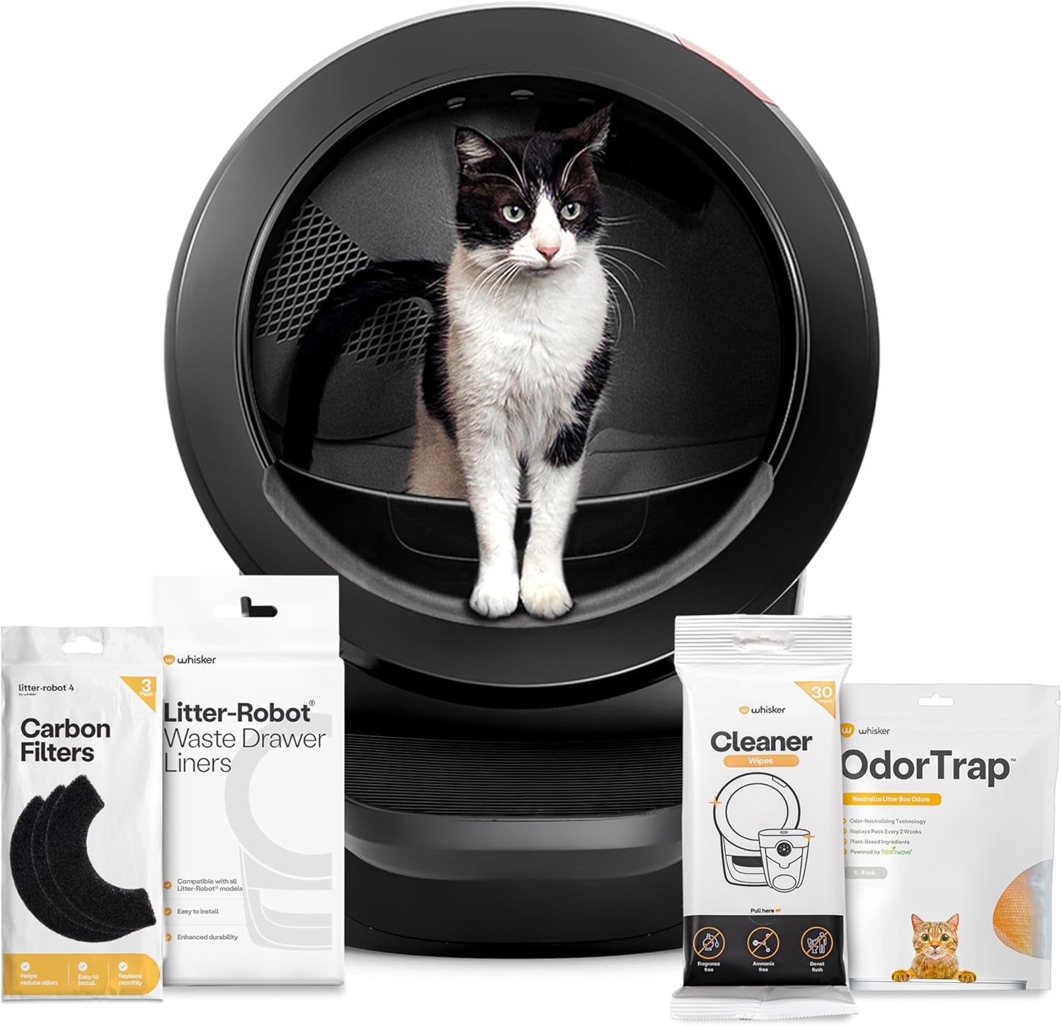 Whisker Litter-Robot 4 Supply Bundle, Black - Automatic, Self-Cleaning Cat Litter Box, Includes Litter-Robot 4, 3 Odortrap Refills, 10 Liners, 30 Cleaner Wipes, & 2 Carbon Filters