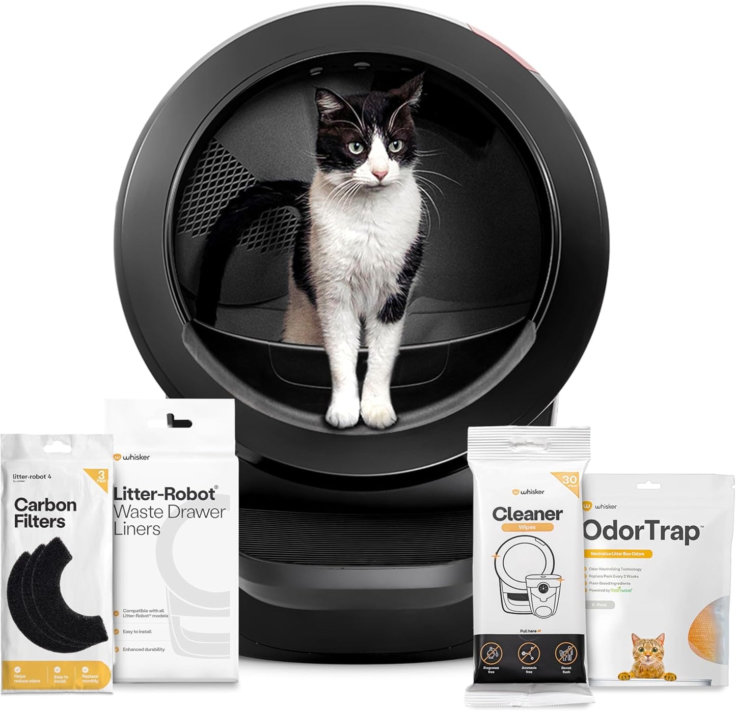 Whisker Litter-Robot 4 Supply Bundle, Black - Automatic, Self-Cleaning Cat Litter Box, Includes Litter-Robot 4, 3 Odortrap Refills, 10 Liners, 30 Cleaner Wipes, & 2 Carbon Filters