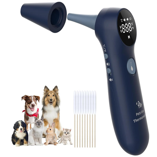 Pet Ear Thermometer for Dogs, Cats, and Livestock, Long Probe Designed, ℃/ ℉ Convert and Sound Switch Dedicated Button, 1 Second Measurement, 20 Pcs Pet Swabs Included(Blue)