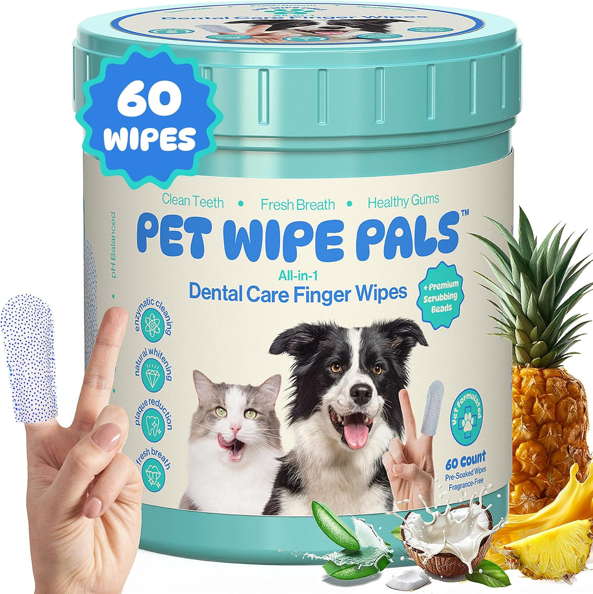 All-In-1 Dog Teeth Cleaning Wipes | Enzymatic Whitening + Micro Scrubbing Beads | Pet Dental Wipes & Finger Tooth Brushing Kit | Plant-Based Dental Care for Cats & Dogs (60 Count)