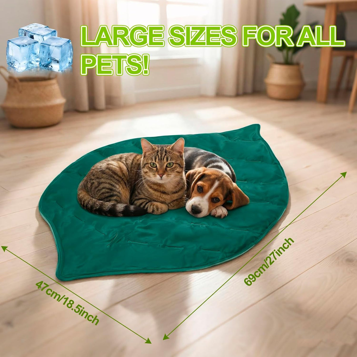 Drydiet Leaf Shaped Cooling Mat for Pets, 27 X 18.5 Inch Reversible Nylon Cooling Bed for Cats and Puppies, Summer Sleeping Blanket Pad for Cage Accessories and Safety Fences, Sage Green