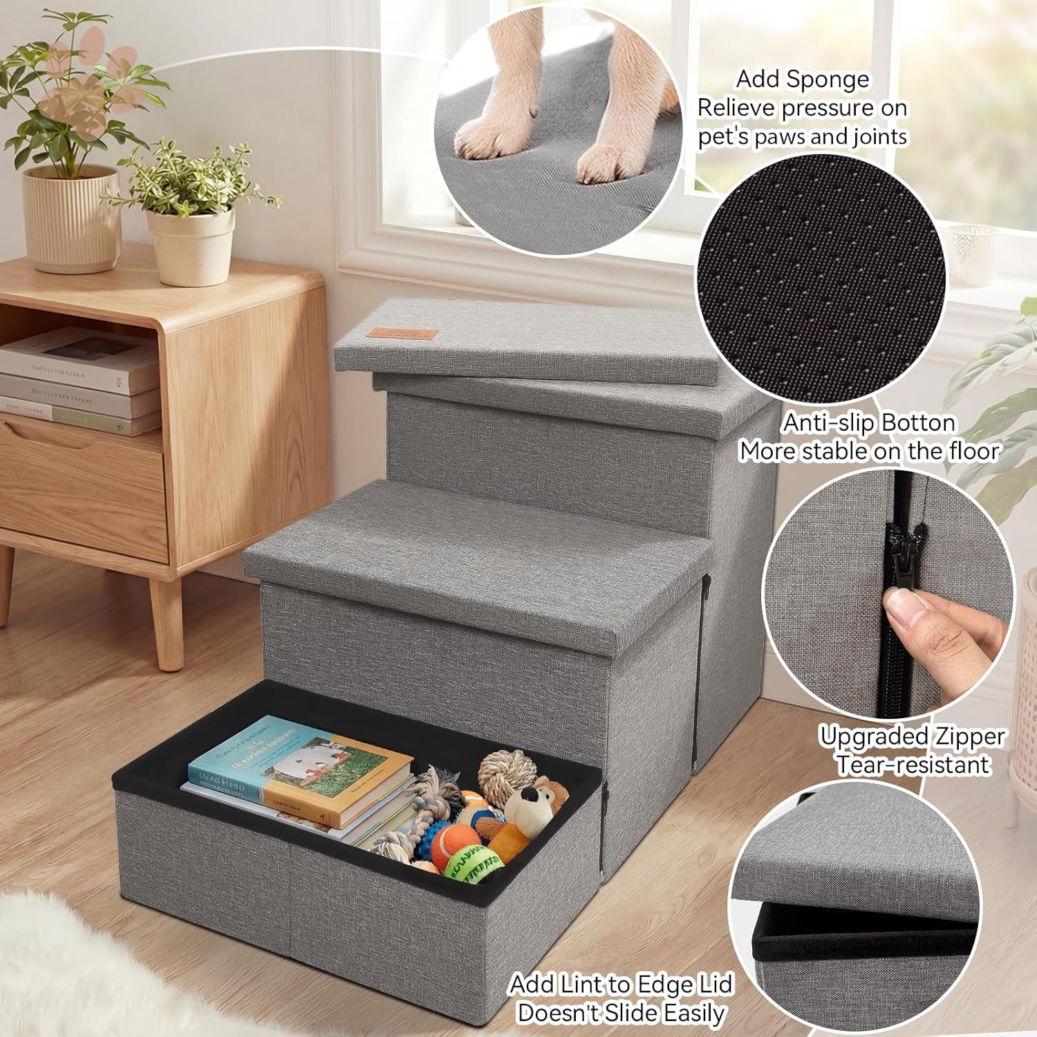 Zerbuger Wider Dog Ramp for High Bed with Storage 18" H, Foldable Dog Stairs for Small Medium Large Older Senior Animal, Sturdy Dog Step for Climbing Bed or Couch, Arthritis-Friendly (Gray, No Condo)