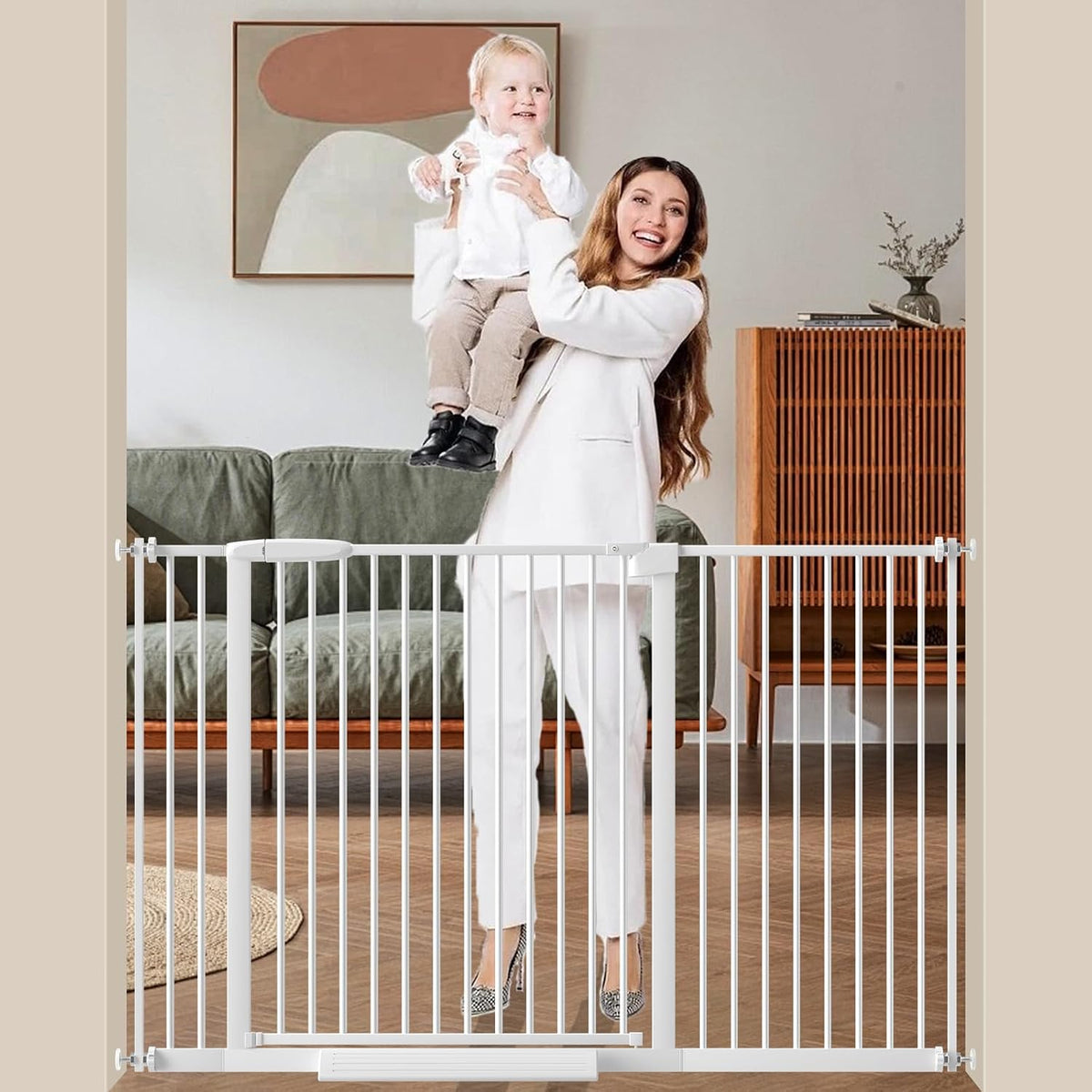 DEARBB Extra Wide Baby Gate Ultra Narrow Spacing 30.11-77.36" Pressure Mounted Double Lock Swing Auto Close Walk through Metal Safety Pet Gate for Stairs and House Doorway Kitchen