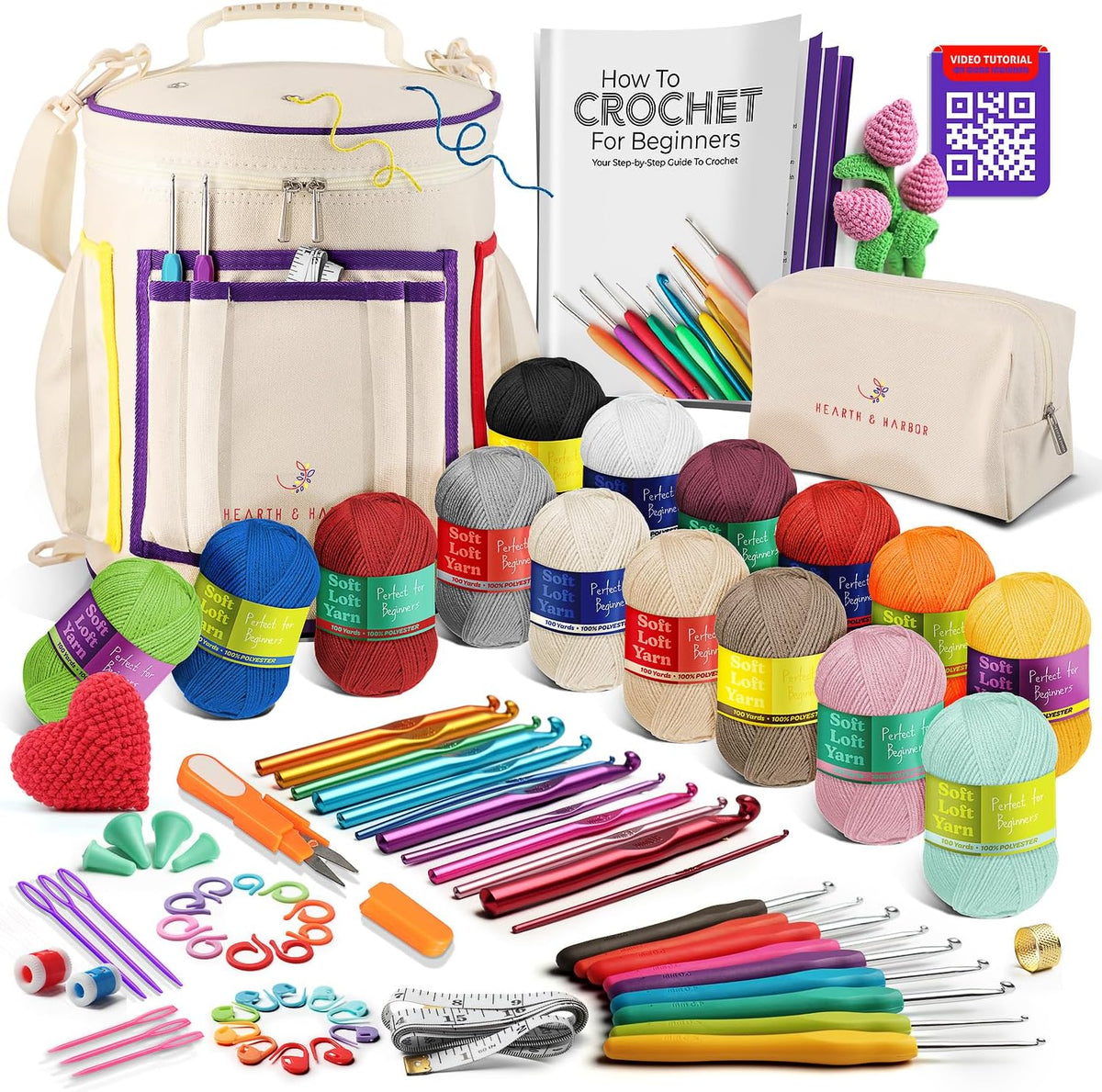 Crochet Kit for Beginners with Yarn, Beginner Crochet Kit for Adults and Kids, 21 Hooks, Knitting Kit Bag, Instructions Step-By-Step Video Tutorials, plus Crochet Accessories Supplies, Crochet Gifts